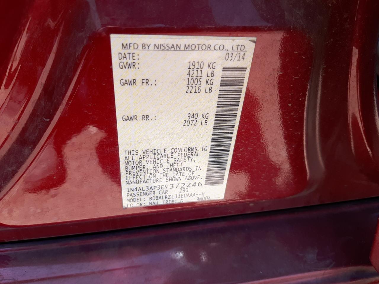 Photo 10 from auction – 2014 NISSAN ALTIMA with VIN 1N4AL3AP3EN372246