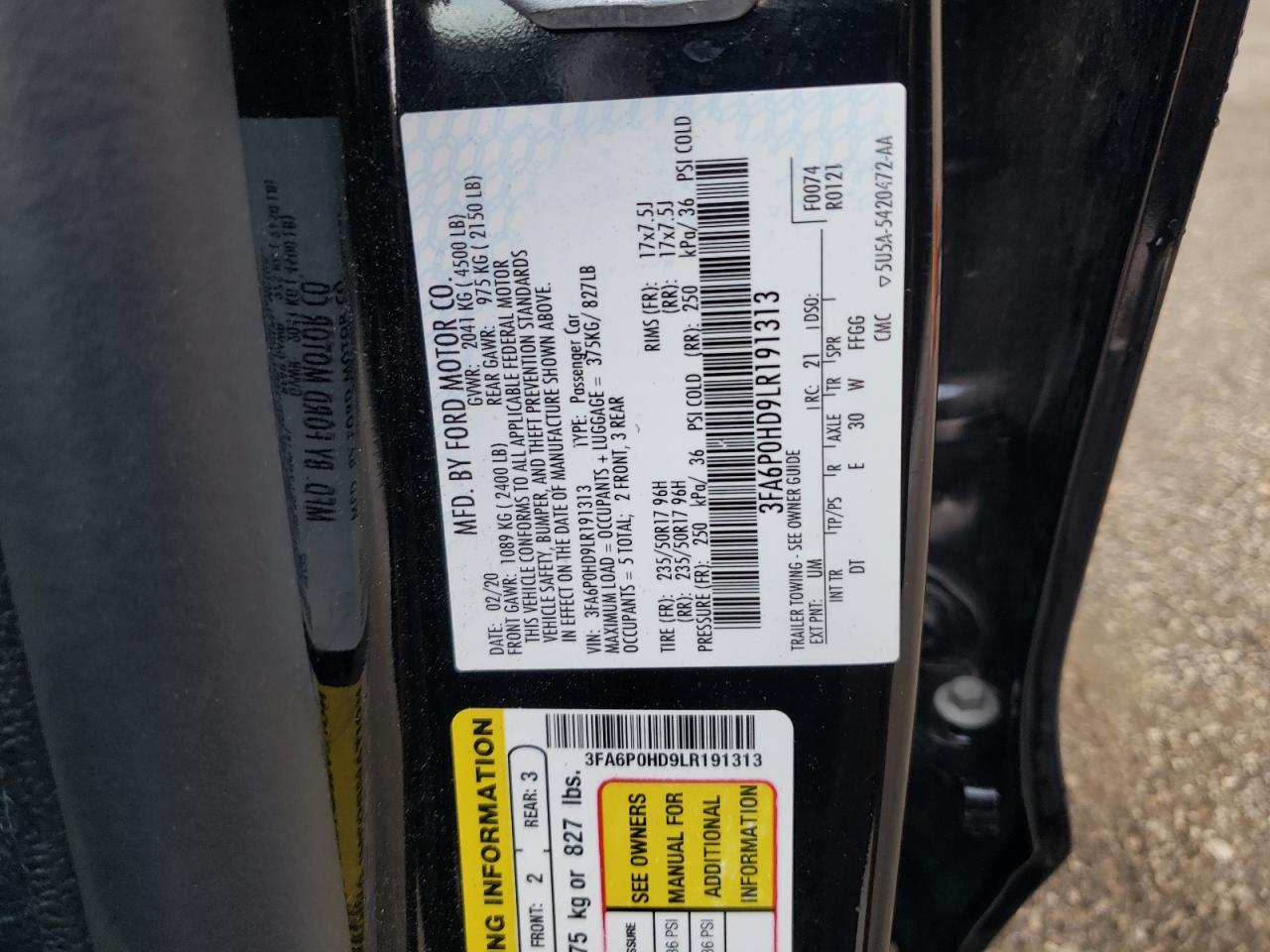 Photo 10 from auction – 2020 FORD FUSION SE with VIN 3FA6P0HD9LR191313
