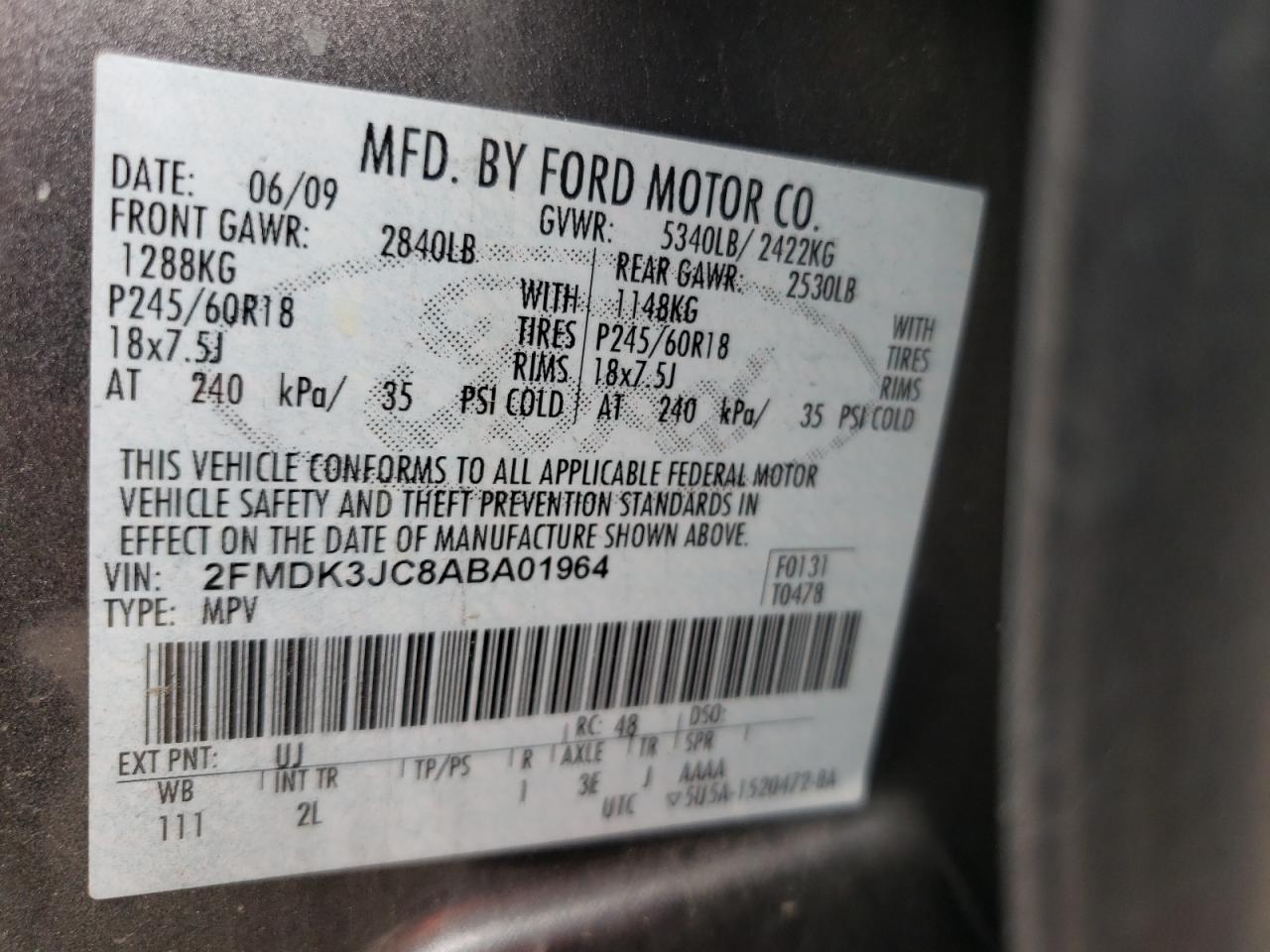 Photo 10 from auction – 2010 FORD EDGE SEL with VIN 2FMDK3JC8ABA01964