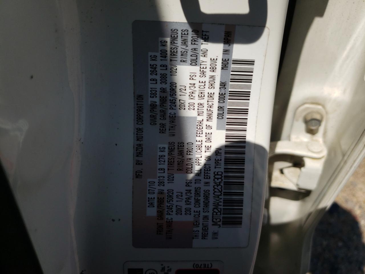 Photo 10 from auction – 2010 MAZDA CX-9 with VIN JM3TB2MAXA0234306