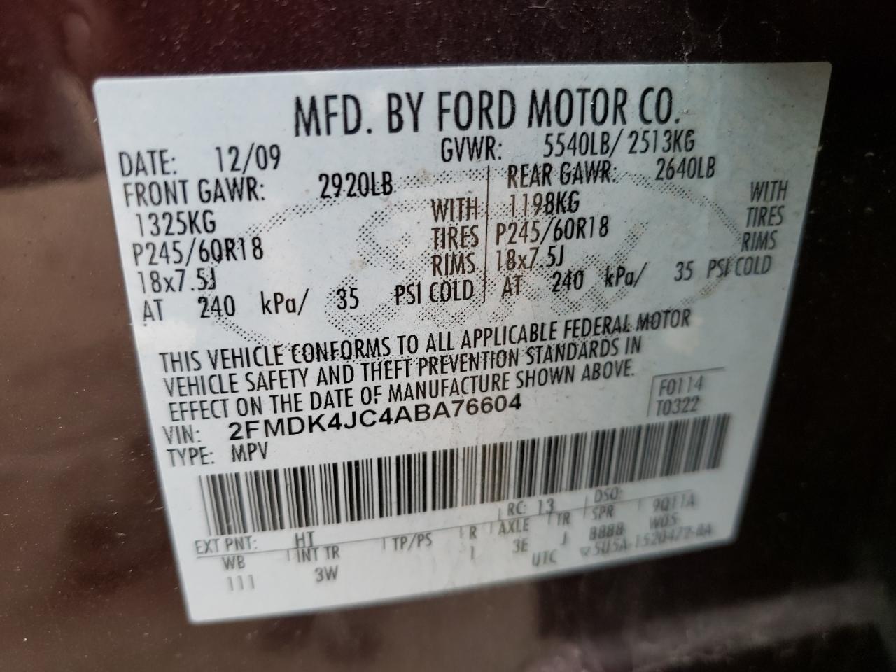 Photo 10 from auction – 2010 FORD EDGE SEL with VIN 2FMDK4JC4ABA76604