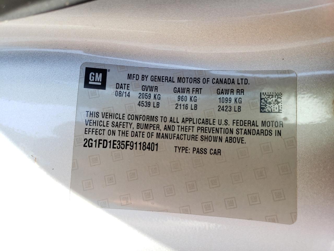 Photo 10 from auction – 2015 CHEVROLET CAMARO LT with VIN 2G1FD1E35F9118401