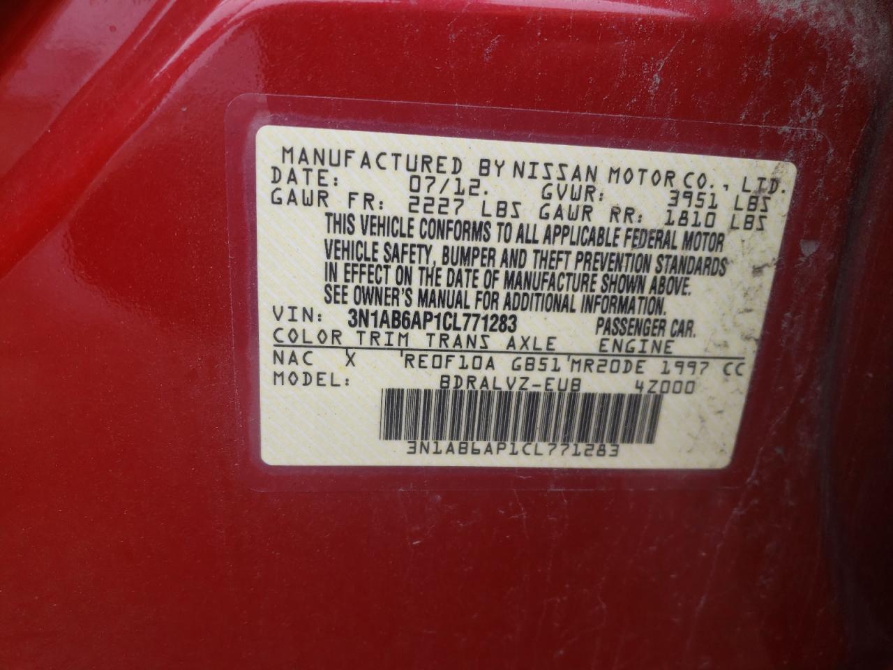 Photo 10 from auction – 2012 NISSAN SENTRA with VIN 3N1AB6AP1CL771283