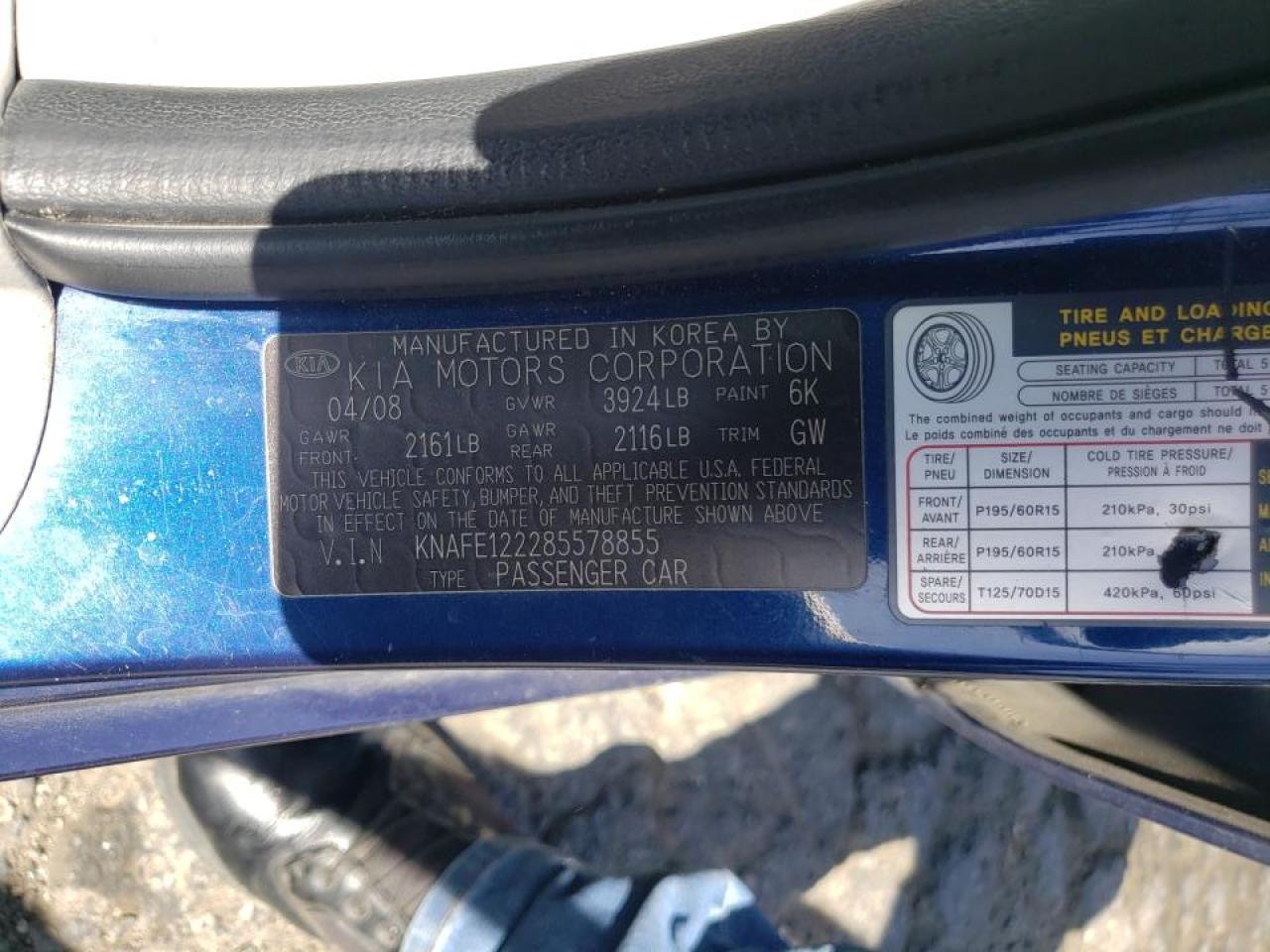 Photo 10 from auction – 2008 KIA SPECTRA EX with VIN KNAFE122285578855