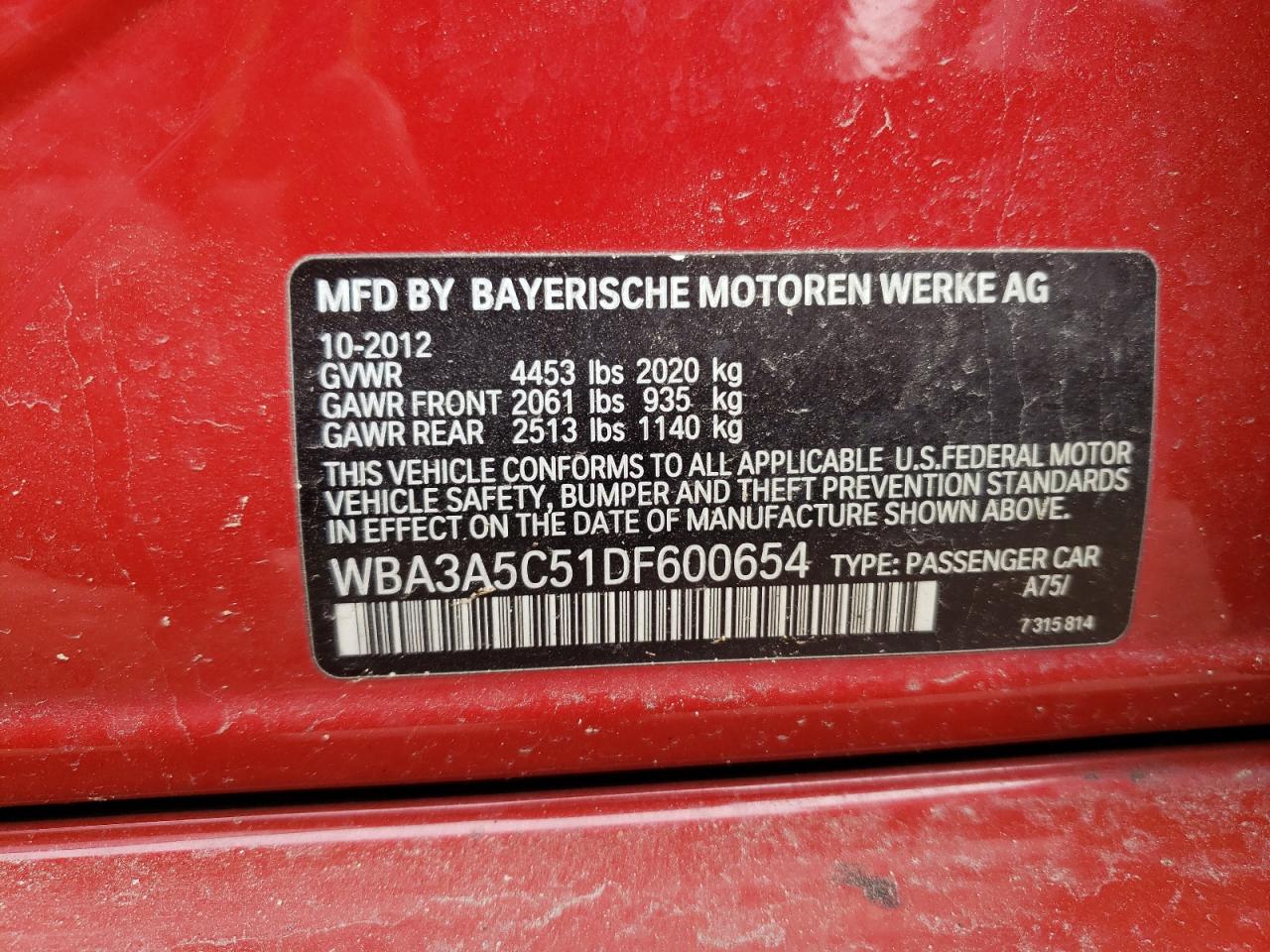 Photo 10 from auction – 2013 BMW 328 I with VIN WBA3A5C51DF600654