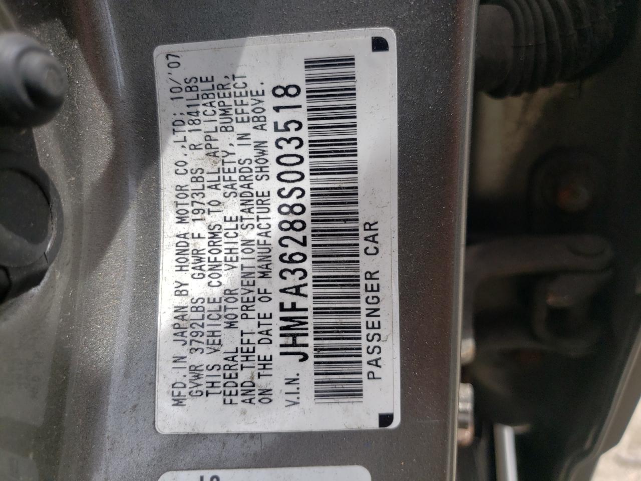 Photo 10 from auction – 2008 HONDA CIVIC HYBR with VIN JHMFA36288S003518