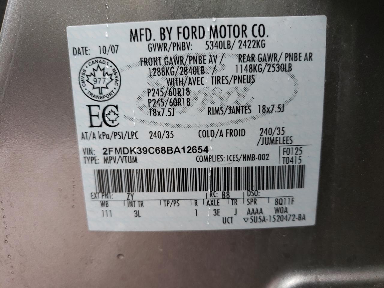 Photo 10 from auction – 2008 FORD EDGE LIMIT with VIN 2FMDK39C68BA12654