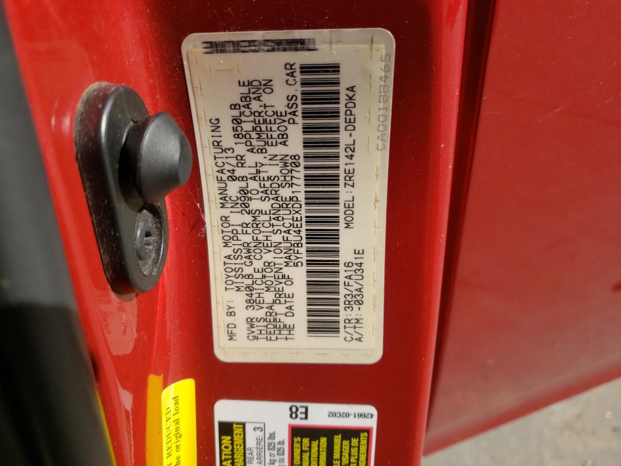 Photo 10 from auction – 2013 TOYOTA COROLLA BA with VIN 5YFBU4EEXDP177708