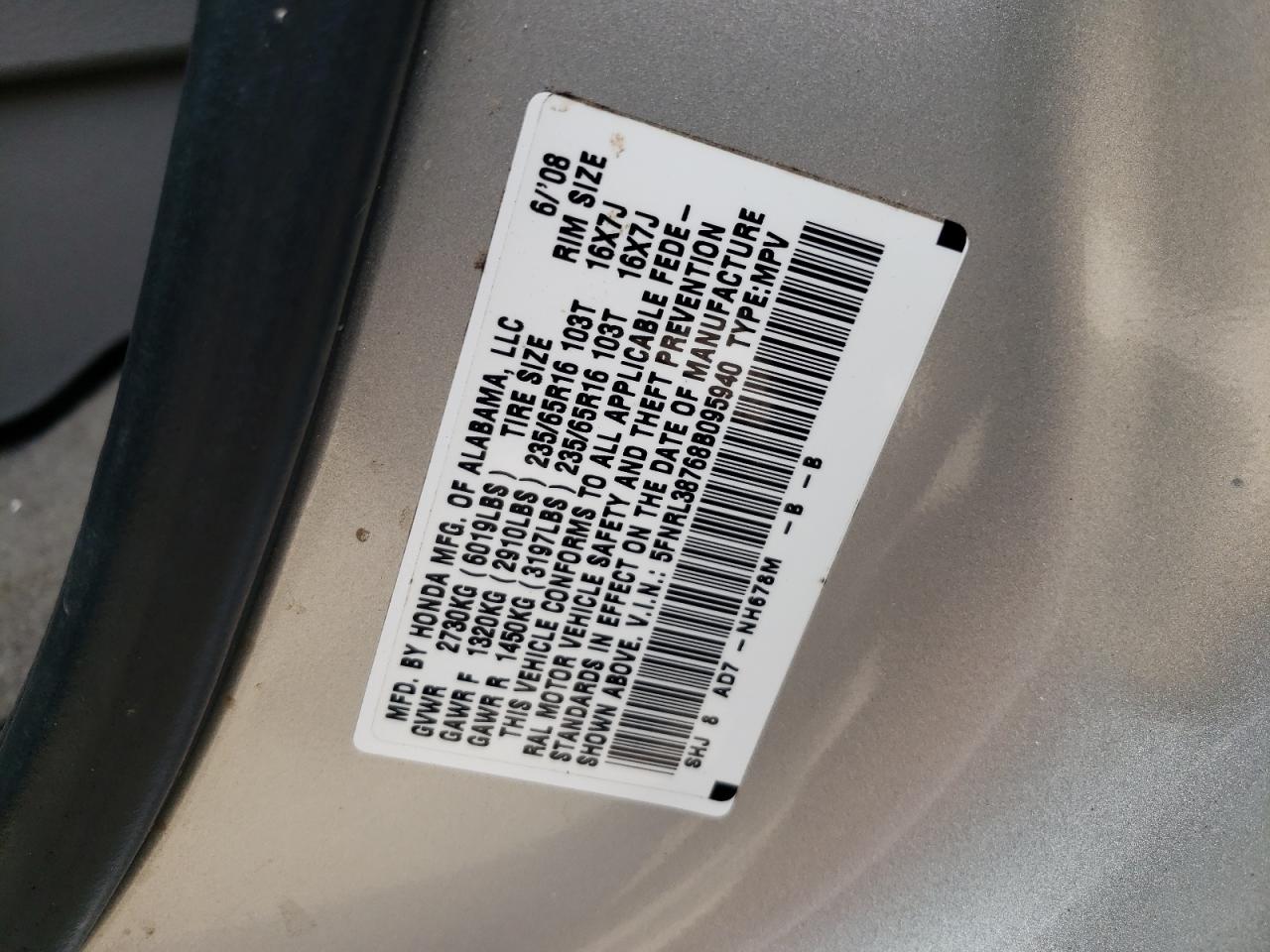 Photo 10 from auction – 2008 HONDA ODYSSEY EX with VIN 5FNRL38768B095940