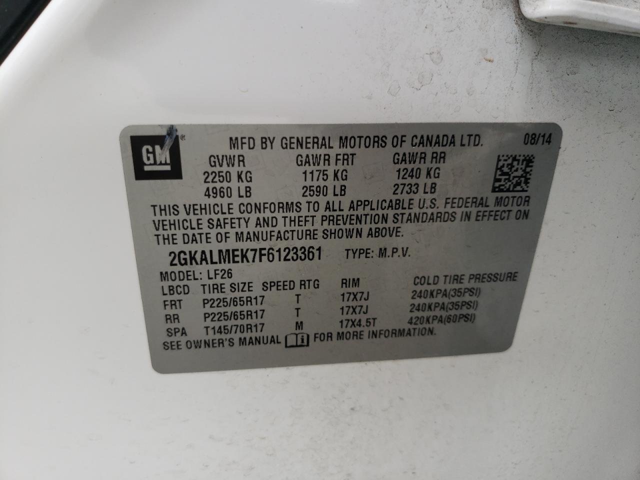 Photo 10 from auction – 2015 GMC TERRAIN SL with VIN 2GKALMEK7F6123361