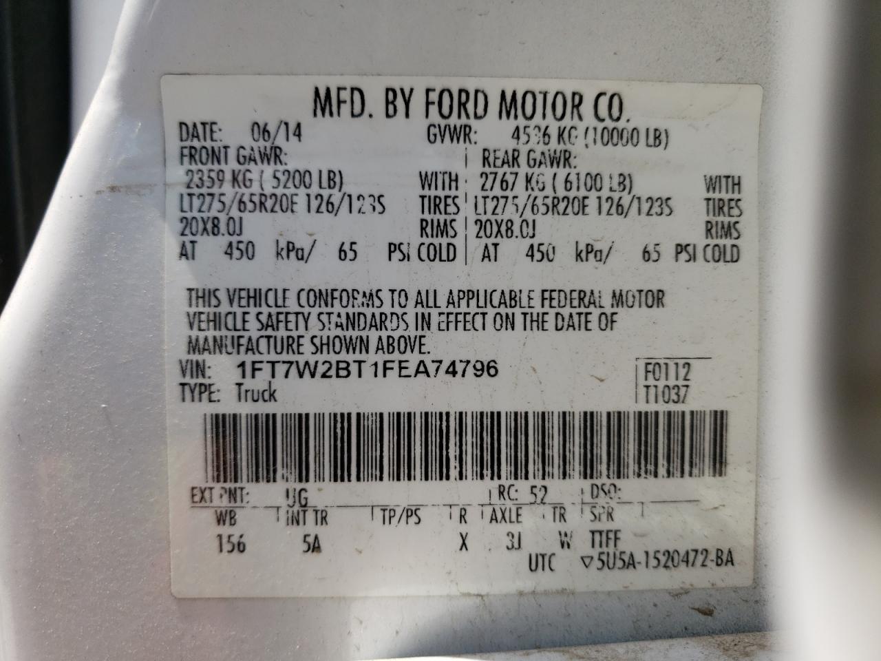 Photo 10 from auction – 2015 FORD F250 SUPER with VIN 1FT7W2BT1FEA74796