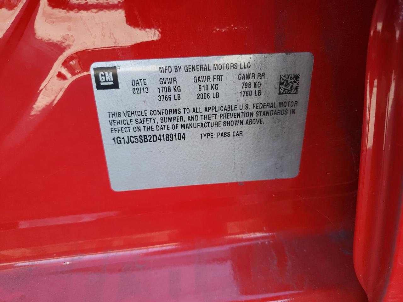 Photo 10 from auction – 2013 CHEVROLET SONIC LT with VIN 1G1JC5SB2D4189104