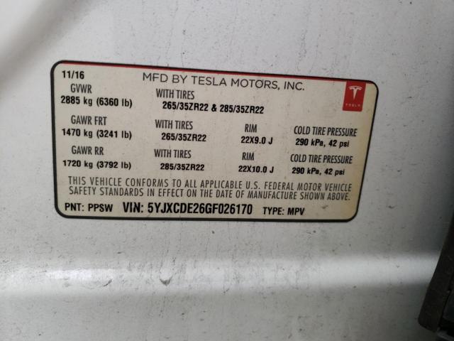 Photo 10 from auction – 2016 TESLA MODEL X with VIN 5YJXCDE26GF026170