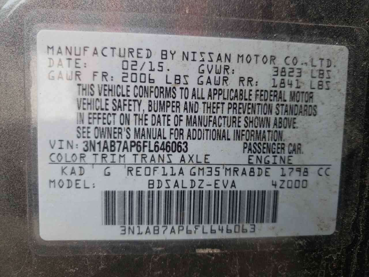 Photo 10 from auction – 2015 NISSAN SENTRA S with VIN 3N1AB7AP6FL646063
