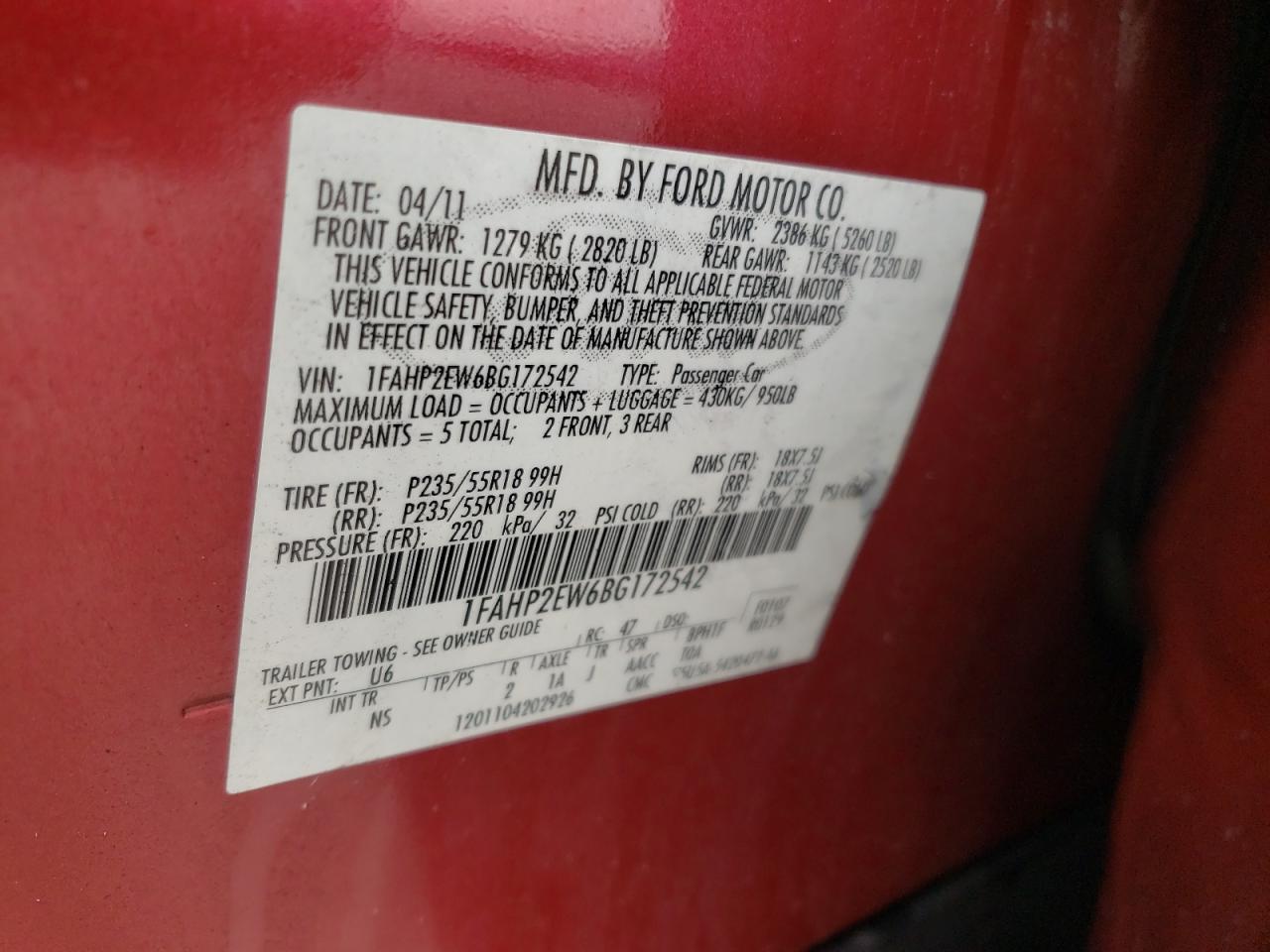 Photo 10 from auction – 2011 FORD TAURUS SEL with VIN 1FAHP2EW6BG172542