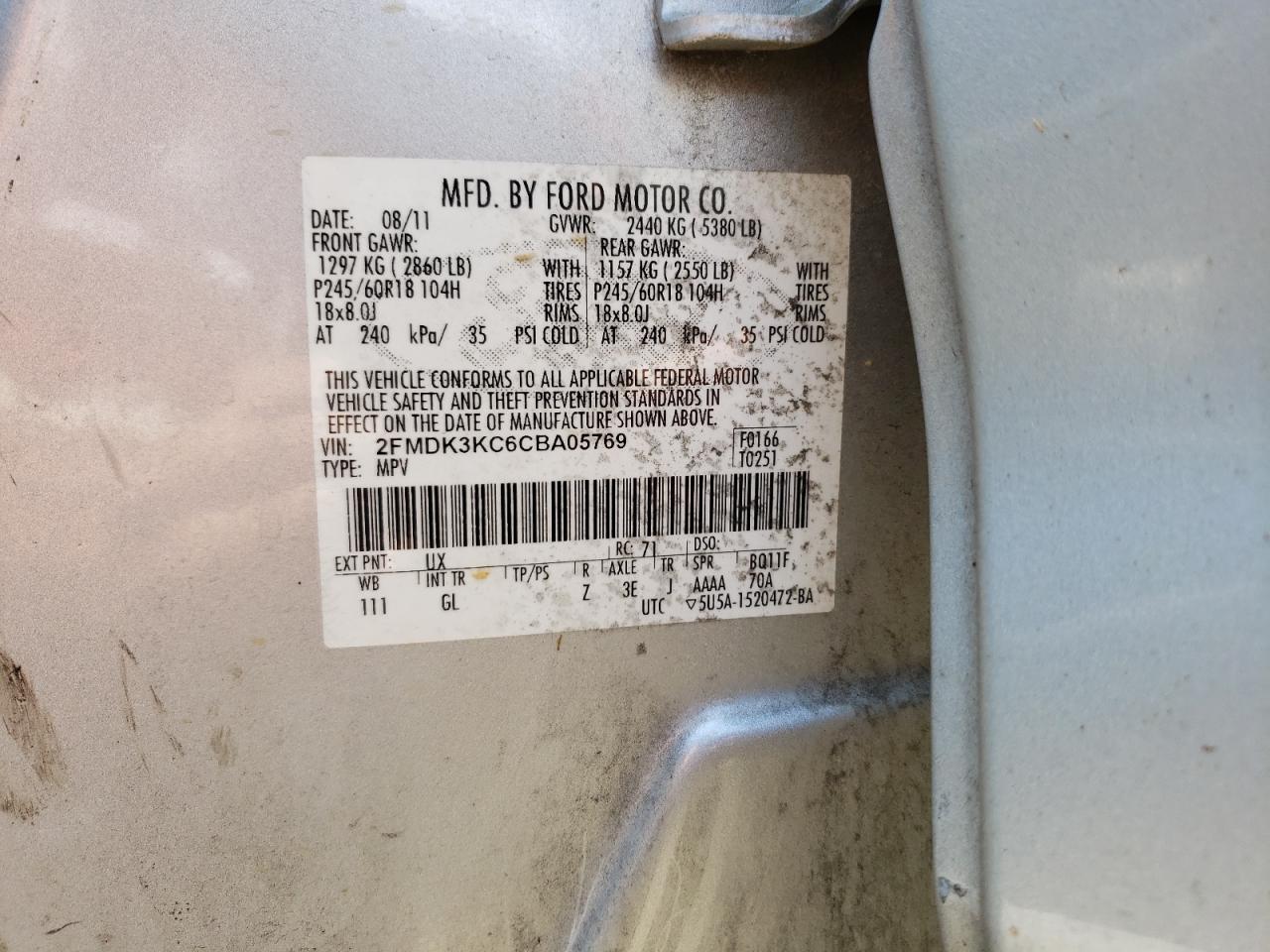 Photo 10 from auction – 2012 FORD EDGE LIMIT with VIN 2FMDK3KC6CBA05769