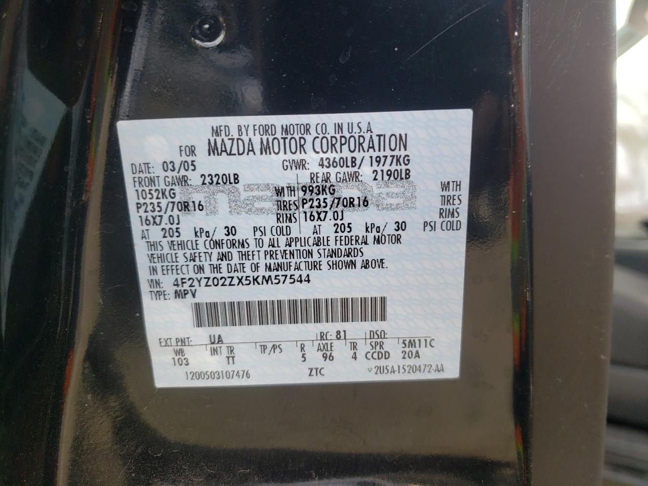 Photo 10 from auction – 2005 MAZDA TRIBUTE I with VIN 4F2YZ02ZX5KM57544