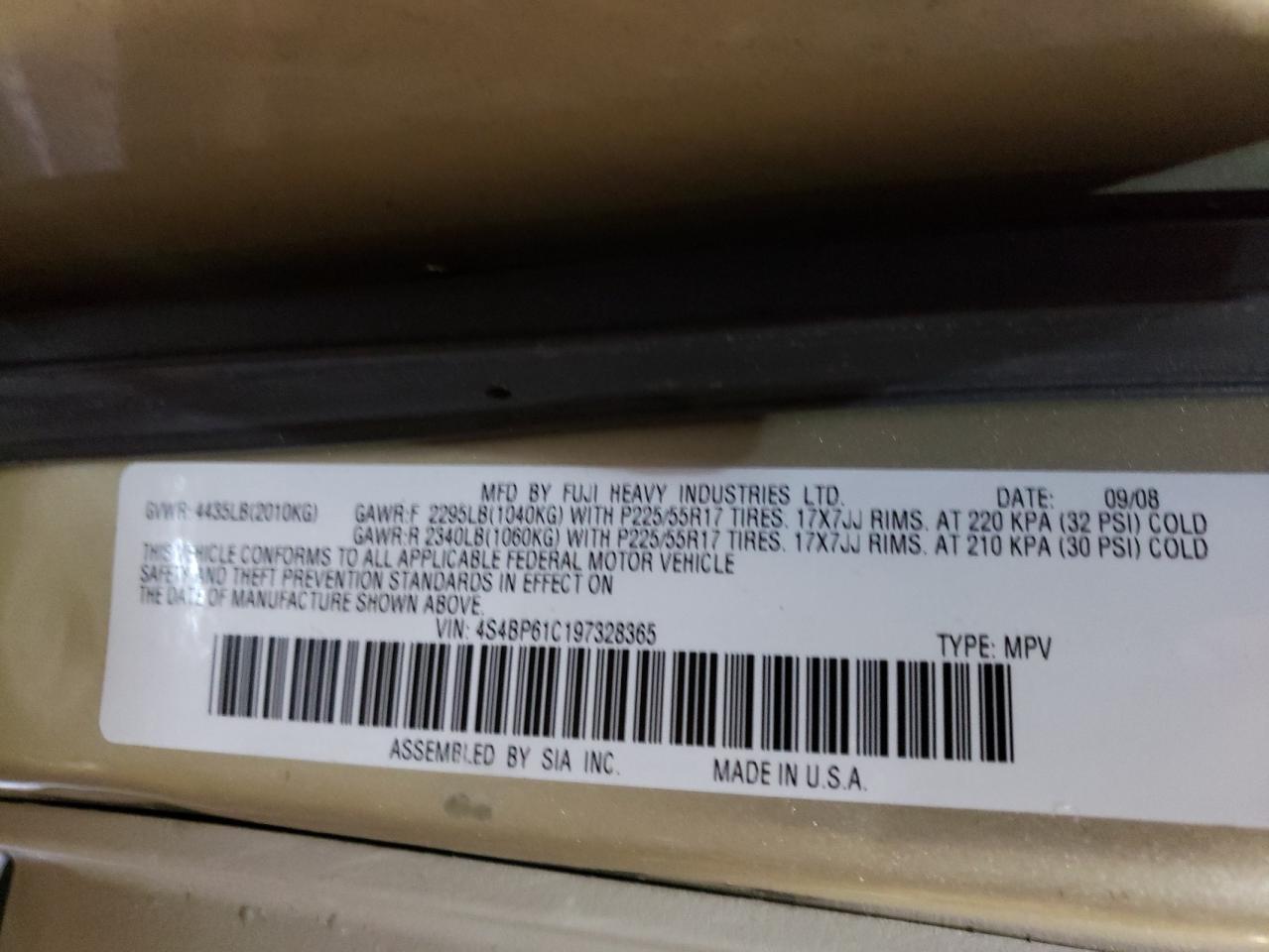 Photo 10 from auction – 2009 SUBARU OUTBACK 2. with VIN 4S4BP61C197328365