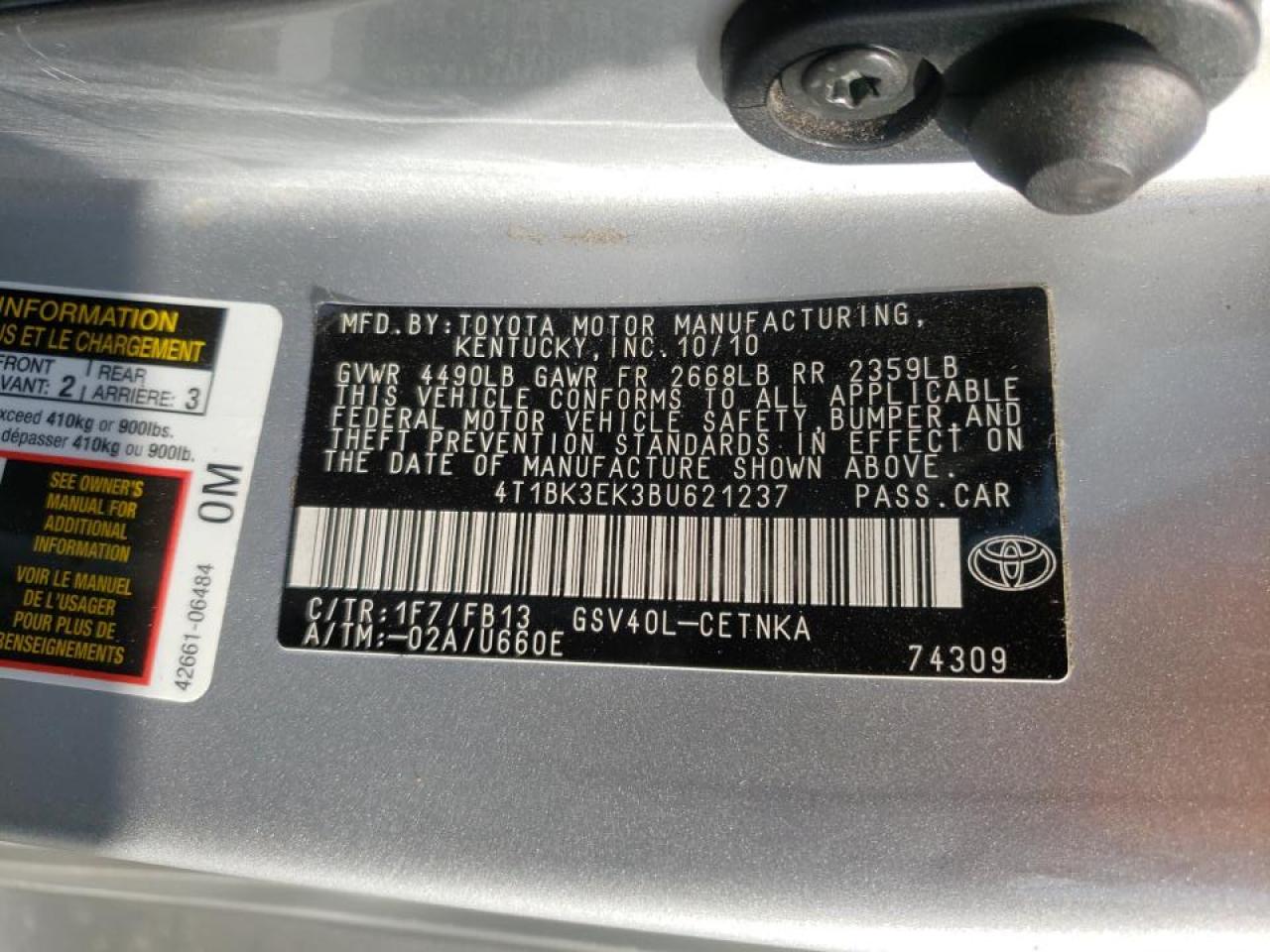 Photo 10 from auction – 2011 TOYOTA CAMRY SE with VIN 4T1BK3EK3BU621237