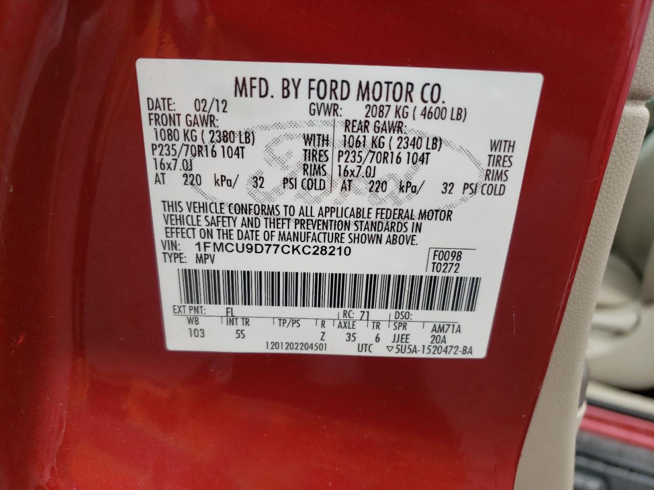 Photo 10 from auction – 2012 FORD ESCAPE XLT with VIN 1FMCU9D77CKC28210