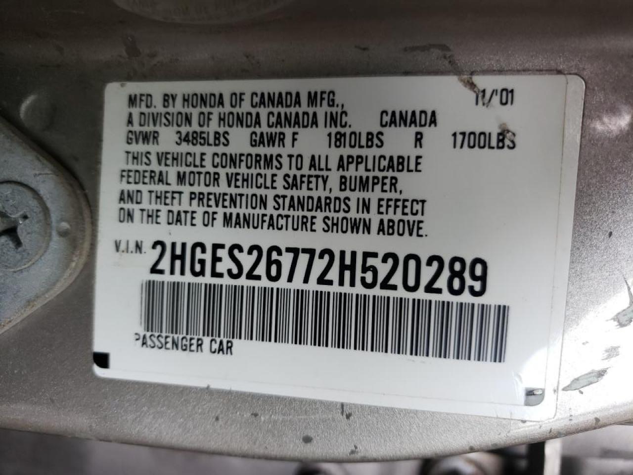 Photo 10 from auction – 2002 HONDA CIVIC EX with VIN 2HGES26772H520289