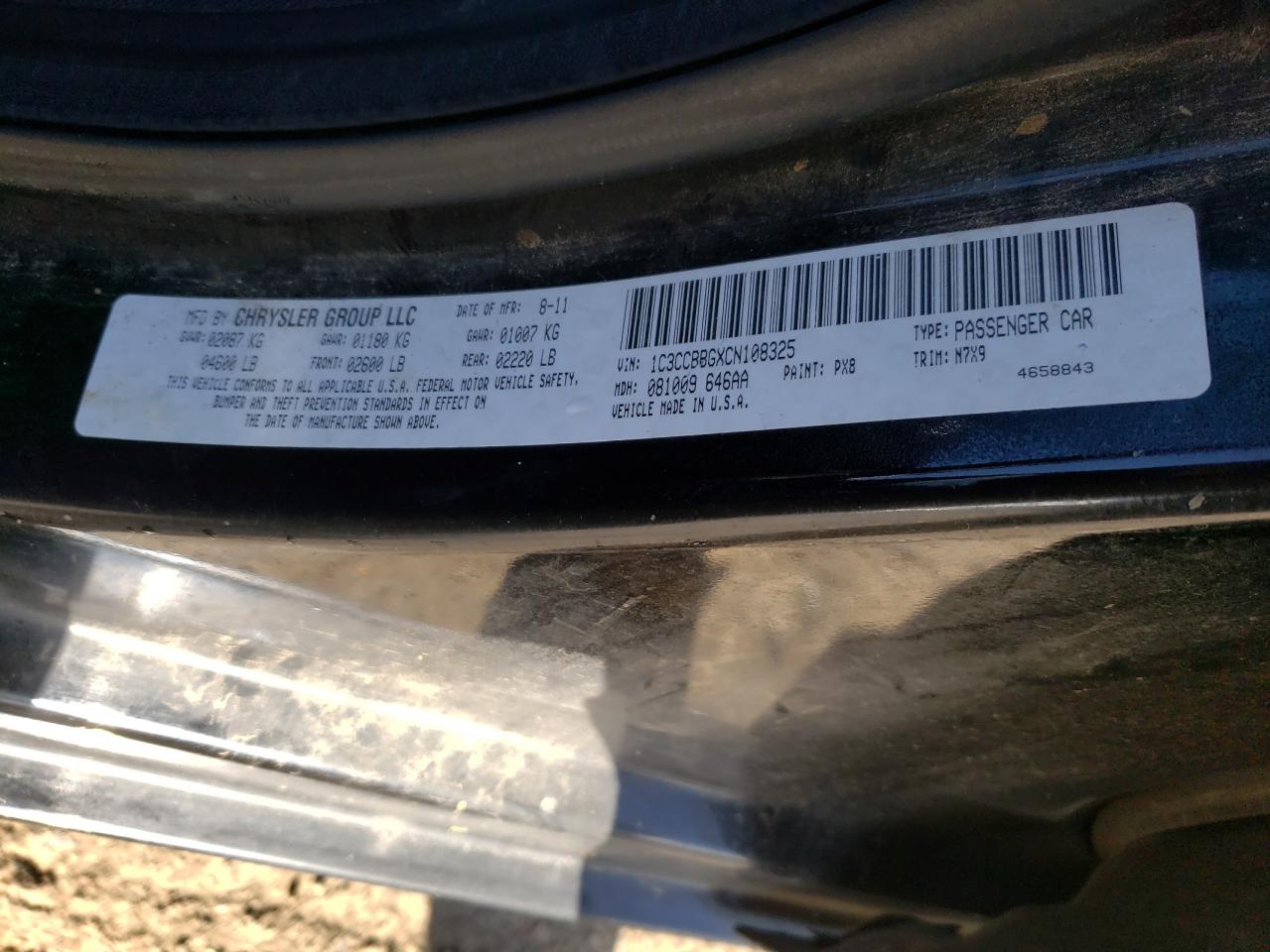 Photo 10 from auction – 2012 CHRYSLER 200 TOURIN with VIN 1C3CCBBGXCN108325