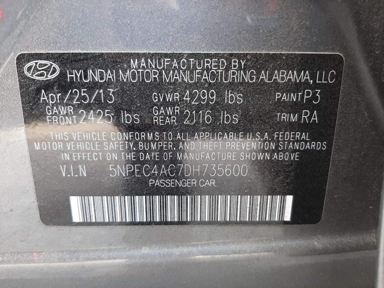 Photo 10 from auction – 2013 HYUNDAI SONATA SE with VIN 5NPEC4AC7DH735600
