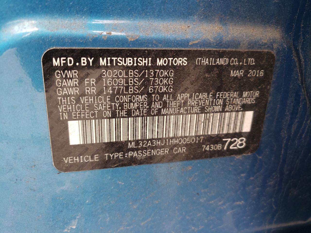 Photo 10 from auction – 2017 MITSUBISHI MIRAGE ES with VIN ML32A3HJ1HH005017