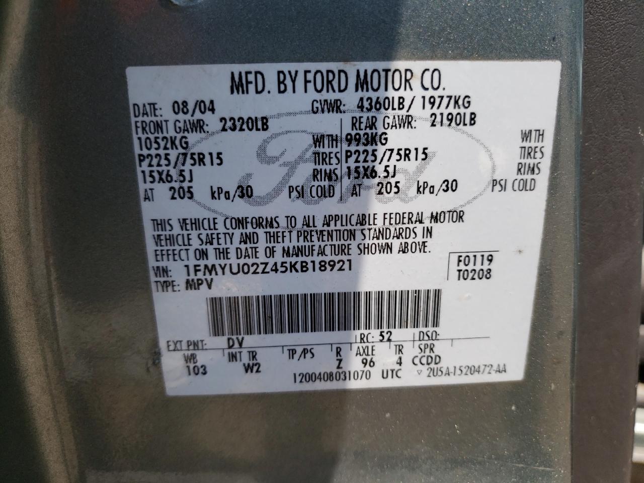 Photo 10 from auction – 2005 FORD ESCAPE XLS with VIN 1FMYU02Z45KB18921