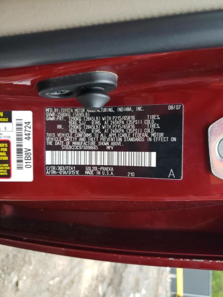 Photo 10 from auction – 2007 TOYOTA SIENNA CE with VIN 5TDZK23C97S098665