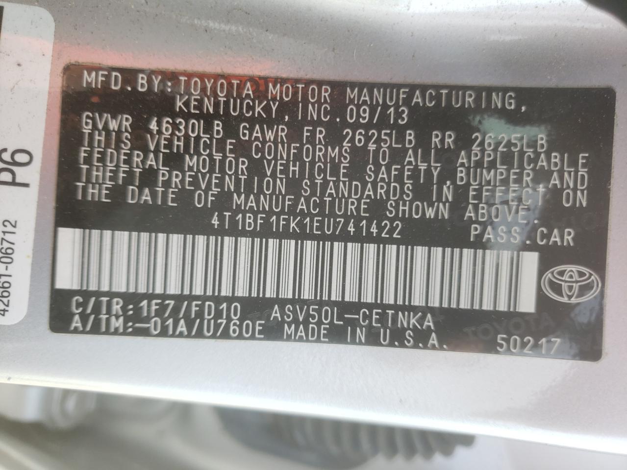Photo 10 from auction – 2014 TOYOTA CAMRY L with VIN 4T1BF1FK1EU741422