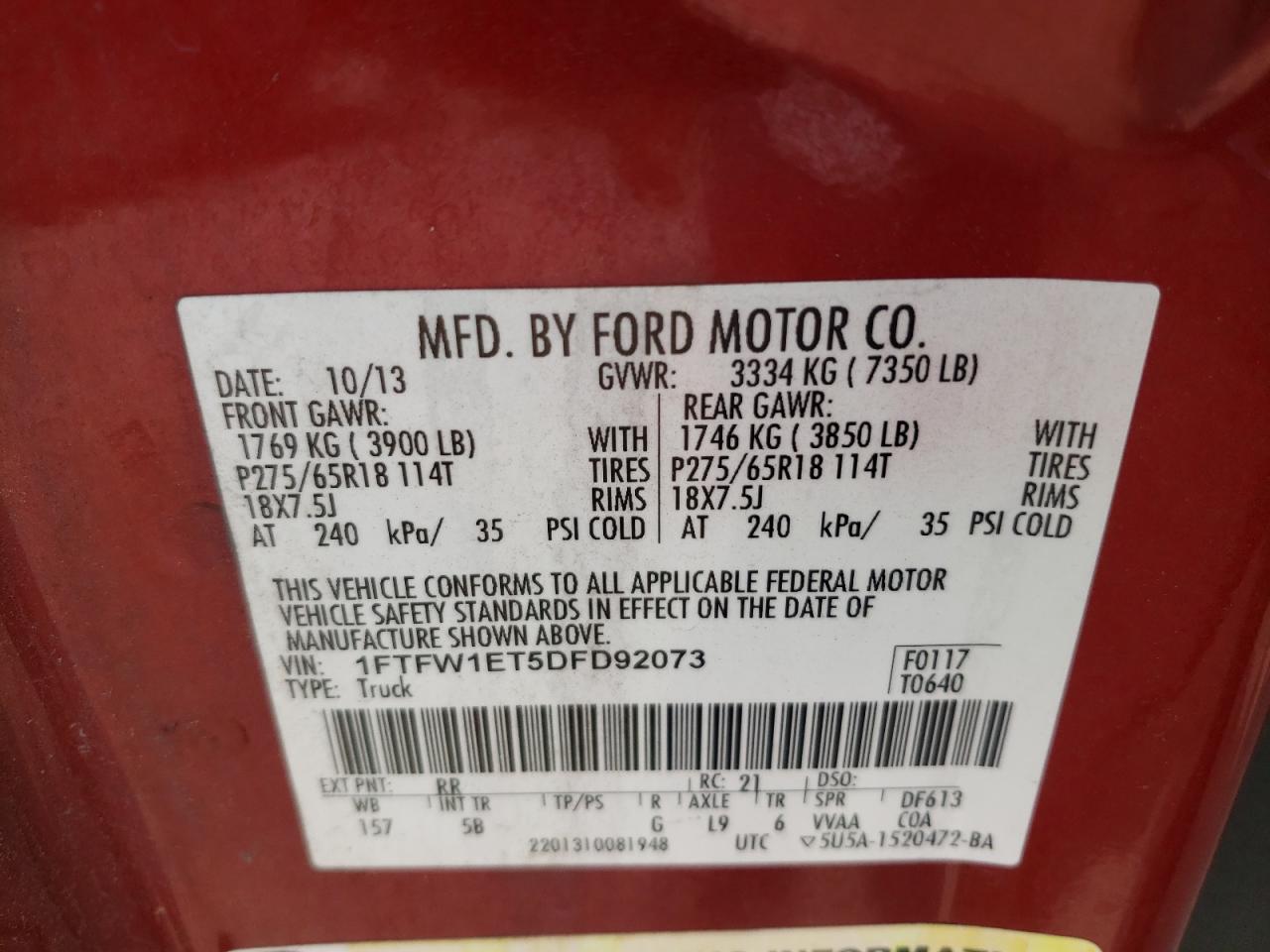 Photo 10 from auction – 2013 FORD F150 SUPER with VIN 1FTFW1ET5DFD92073