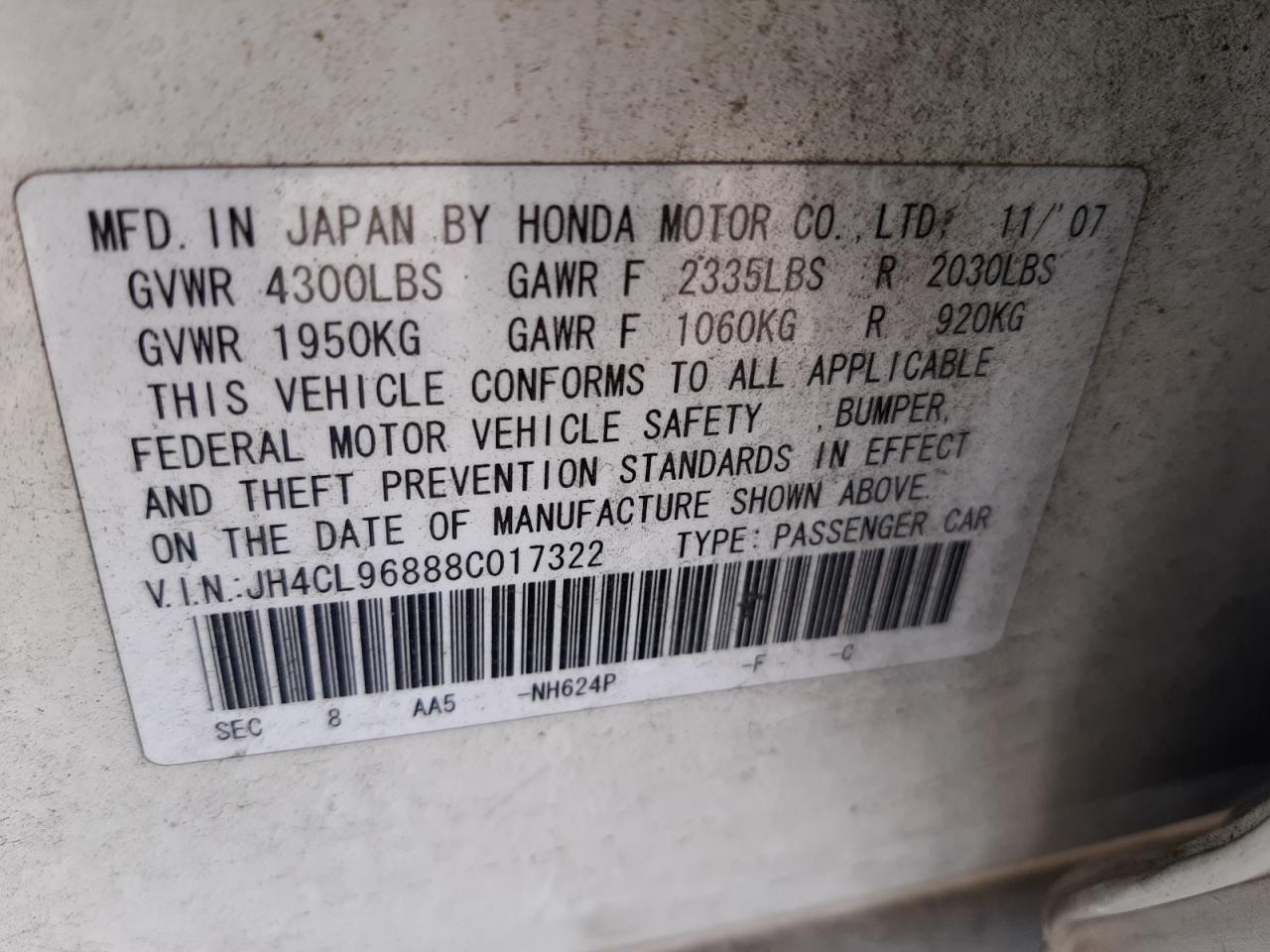 Photo 10 from auction – 2008 ACURA TSX with VIN JH4CL96888C017322