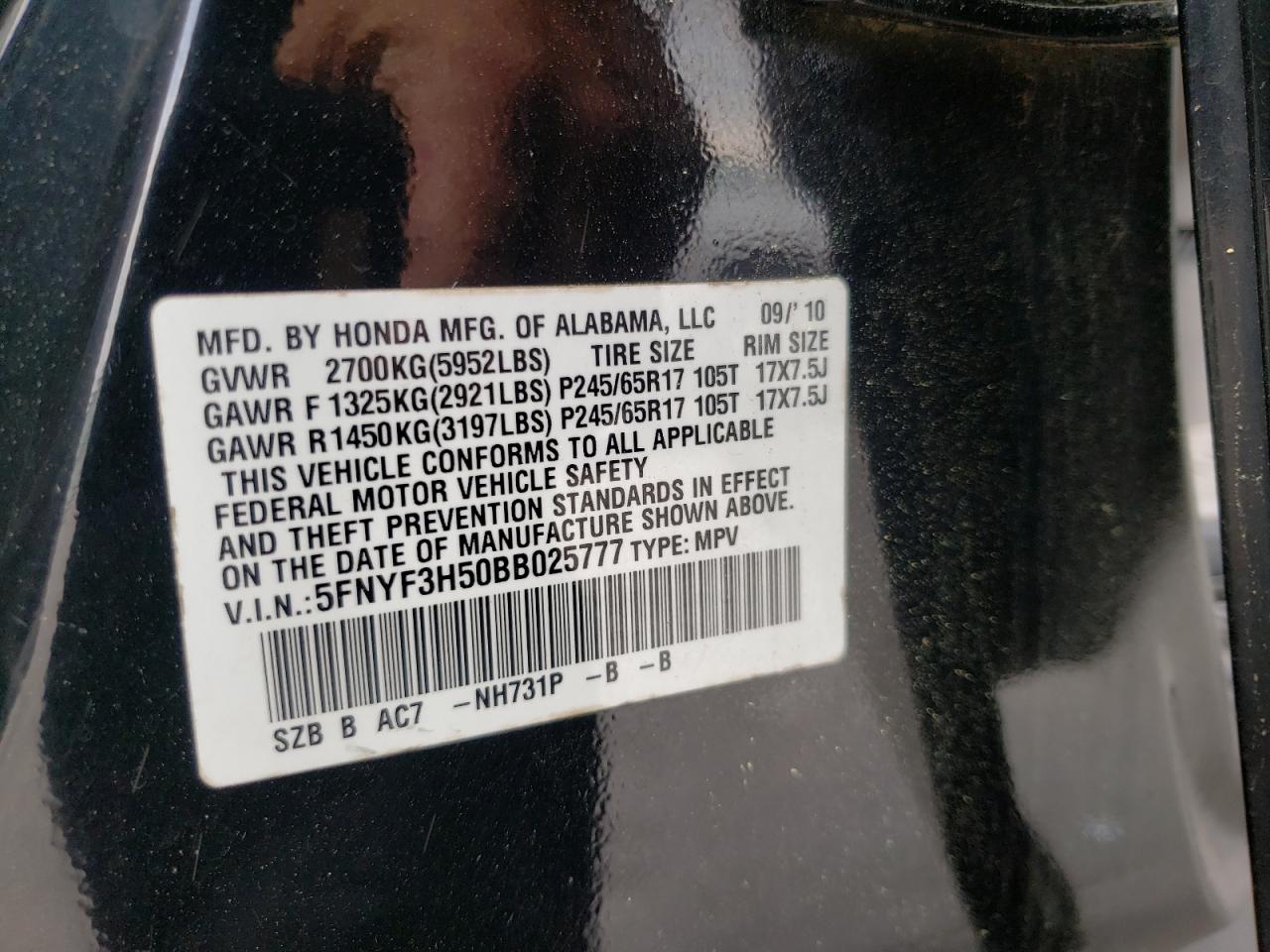 Photo 10 from auction – 2011 HONDA PILOT EXL with VIN 5FNYF3H50BB025777