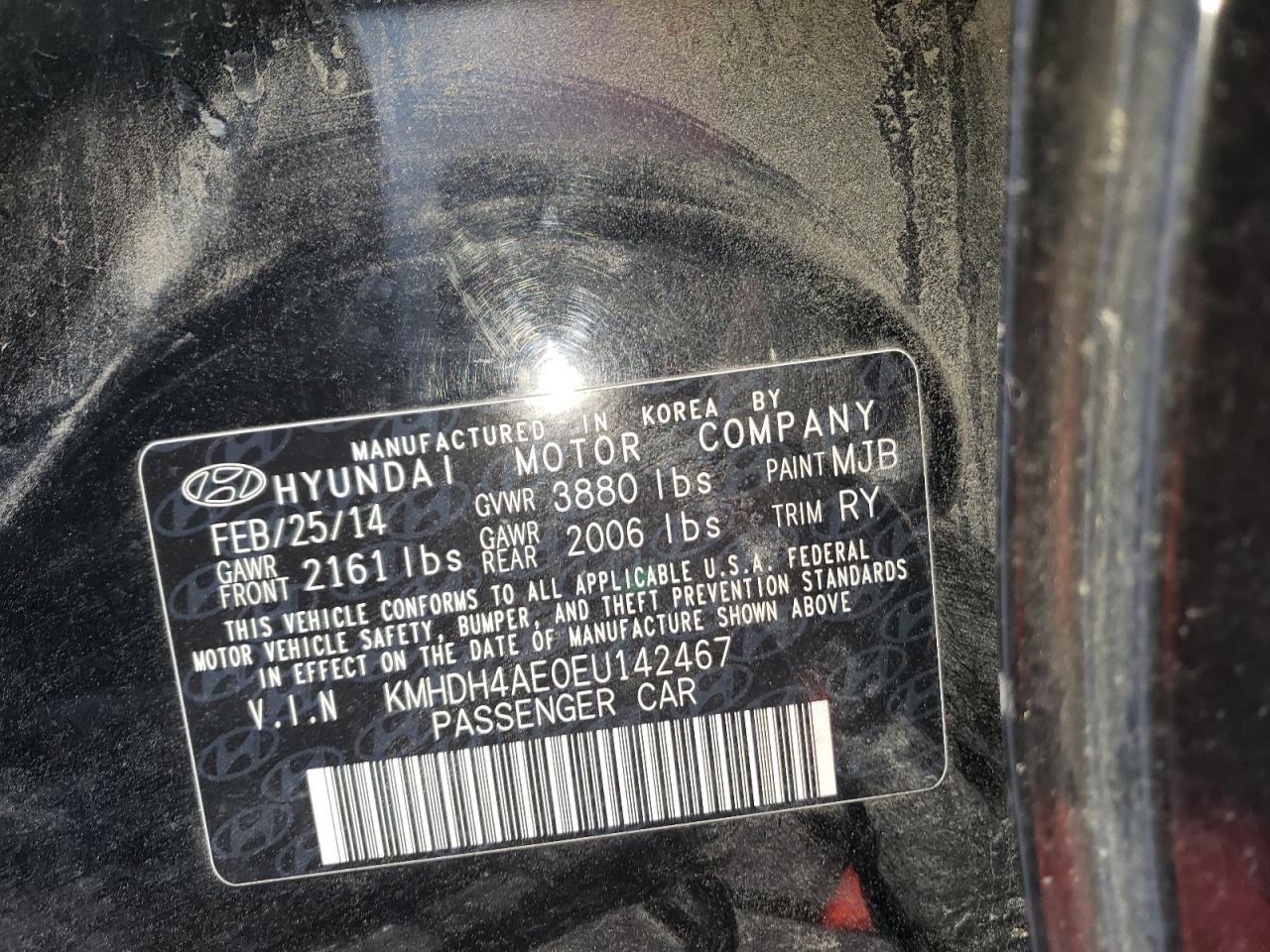 Photo 10 from auction – 2014 HYUNDAI ELANTRA SE with VIN KMHDH4AE0EU142467