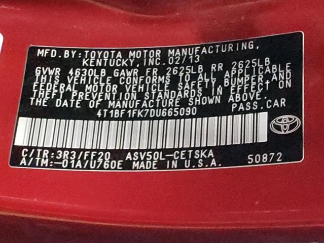 Photo 10 from auction – 2013 TOYOTA CAMRY L with VIN 4T1BF1FK7DU665090