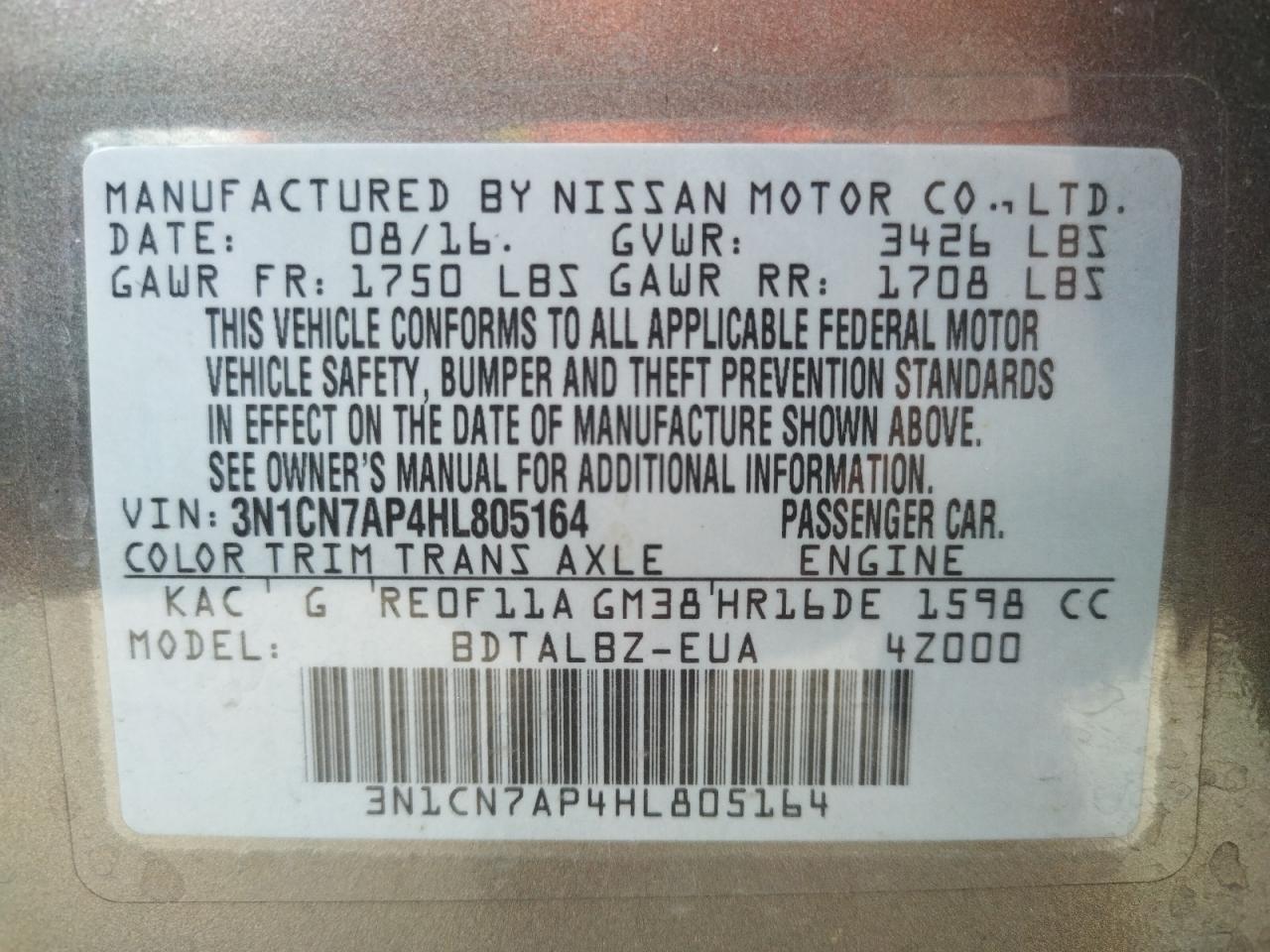 Photo 10 from auction – 2017 NISSAN VERSA S with VIN 3N1CN7AP4HL805164