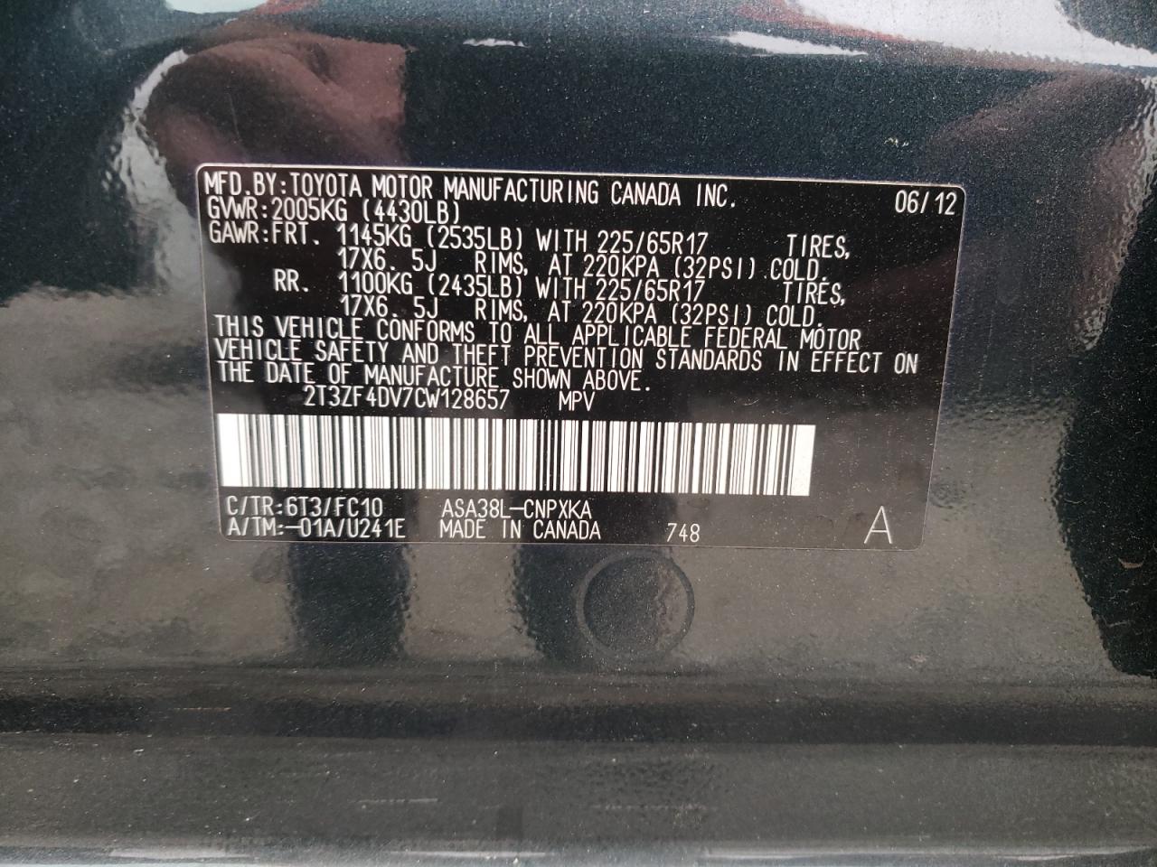 Photo 10 from auction – 2012 TOYOTA RAV4 with VIN 2T3ZF4DV7CW128657