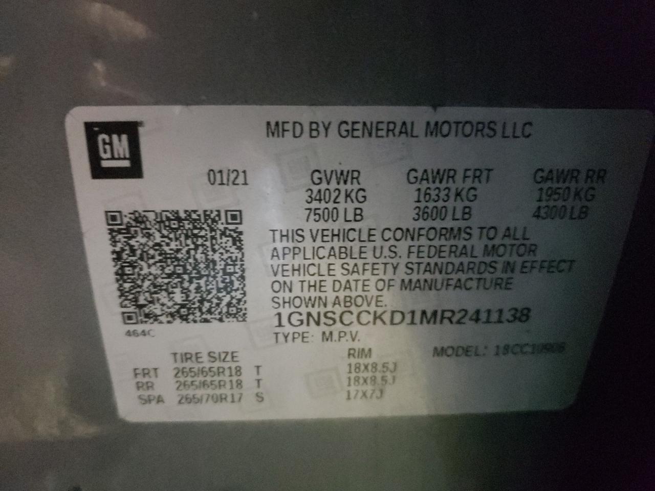 Photo 10 from auction – 2021 CHEVROLET SUBURBAN C with VIN 1GNSCCKD1MR241138