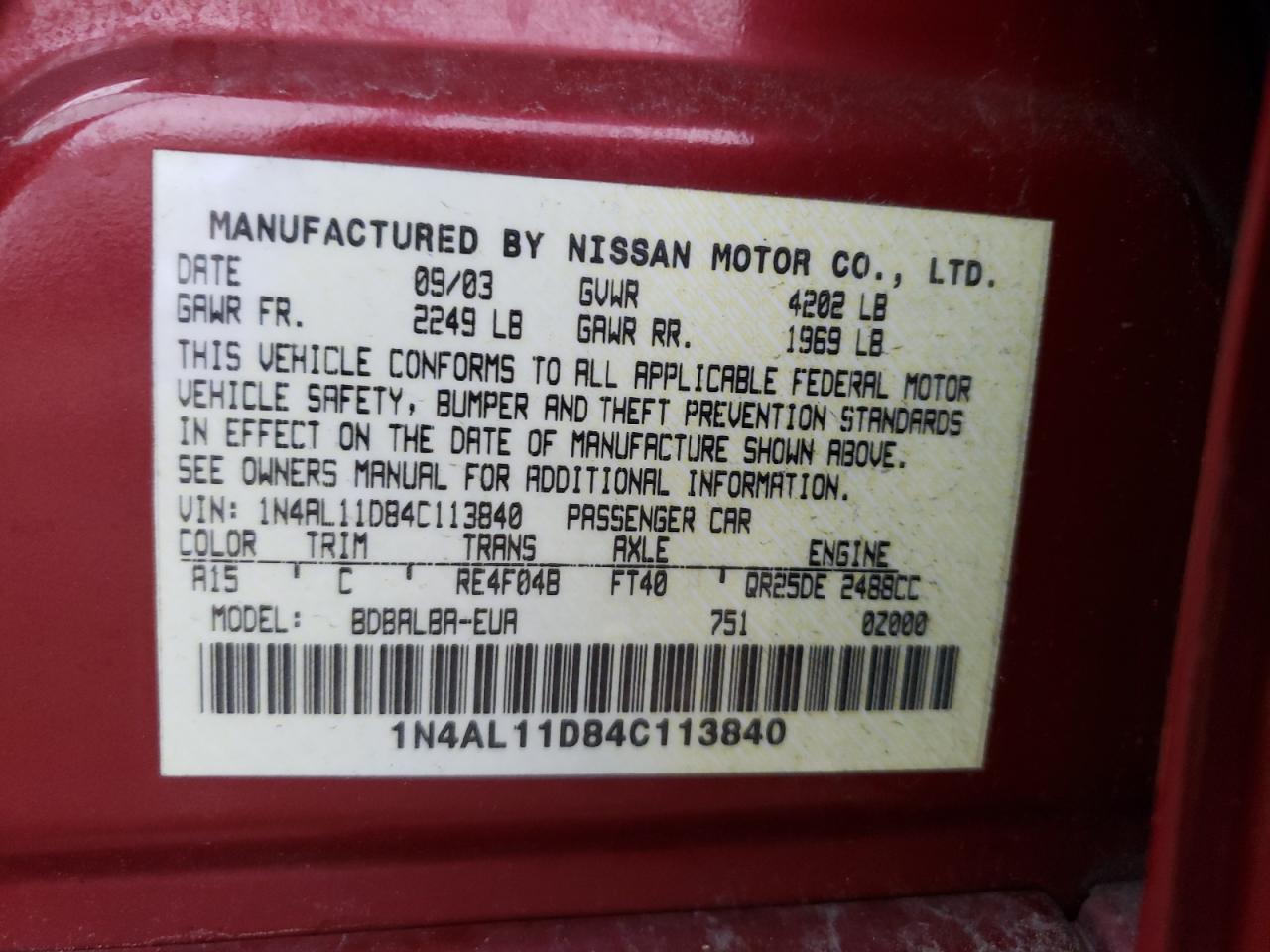 Photo 10 from auction – 2004 NISSAN ALTIMA BAS with VIN 1N4AL11D84C113840