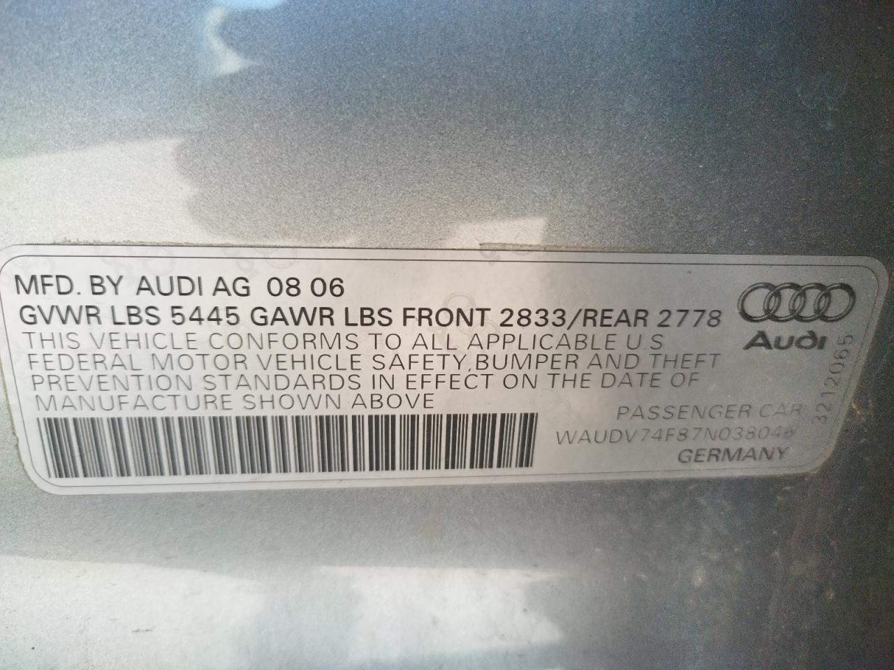 Photo 10 from auction – 2007 AUDI A6 4.2 QUA with VIN WAUDV74F87N038046
