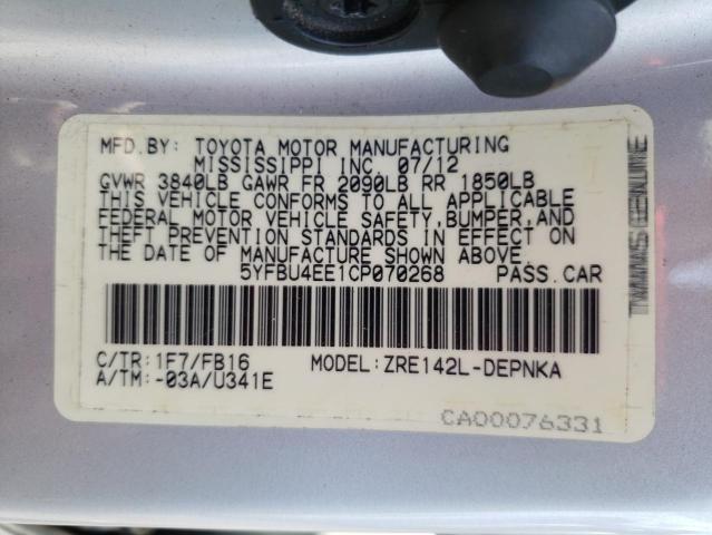 Photo 10 from auction – 2012 TOYOTA COROLLA BA with VIN 5YFBU4EE1CP070268