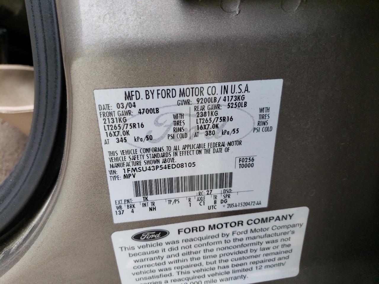 Photo 10 from auction – 2004 FORD EXCURSION with VIN 1FMSU43P54ED08105