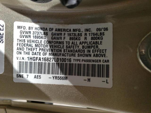 Photo 10 from auction – 2007 HONDA CIVIC EX with VIN 1HGFA16827L010016