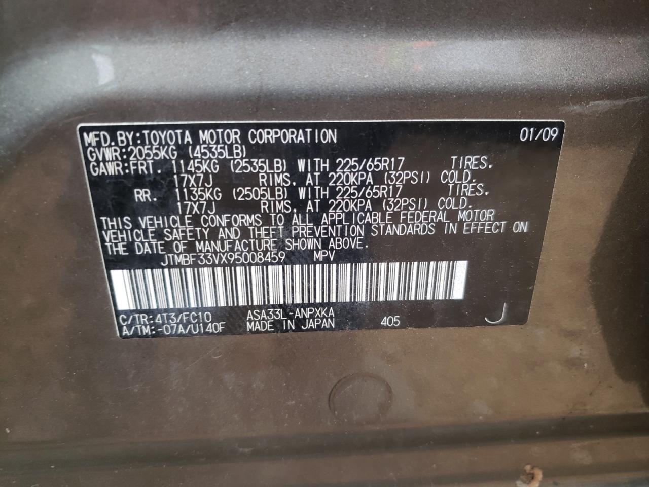 Photo 10 from auction – 2009 TOYOTA RAV4 with VIN JTMBF33VX95008459