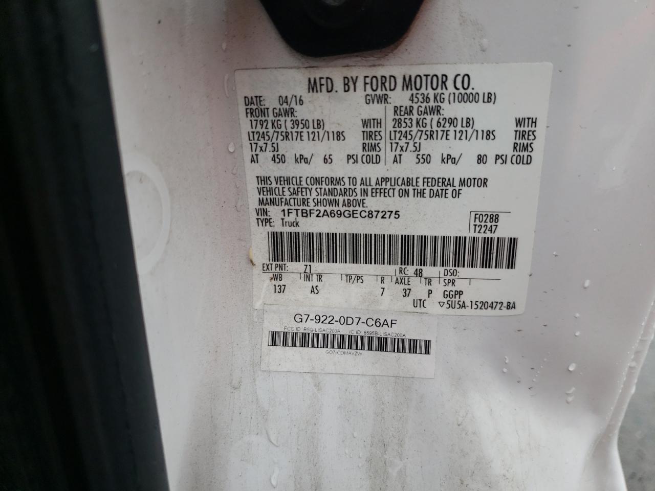 Photo 10 from auction – 2016 FORD F250 SUPER with VIN 1FTBF2A69GEC87275