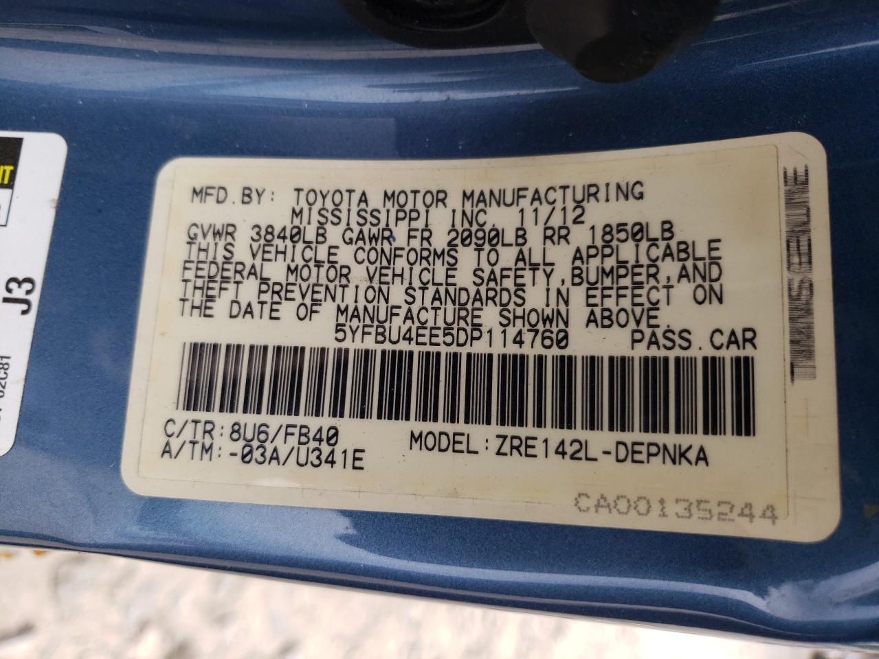 Photo 10 from auction – 2013 TOYOTA COROLLA with VIN 5YFBU4EE5DP114760