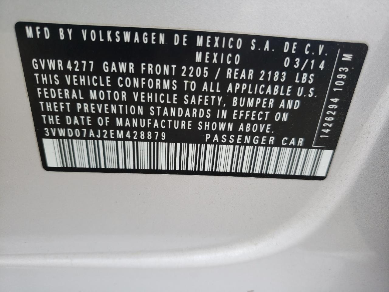 Photo 10 from auction – 2014 VOLKSWAGEN JETTA SE with VIN 3VWD07AJ2EM428879