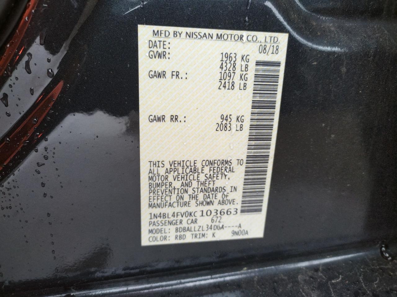 Photo 11 from auction – 2019 NISSAN ALTIMA PLA with VIN 1N4BL4FV0KC103663