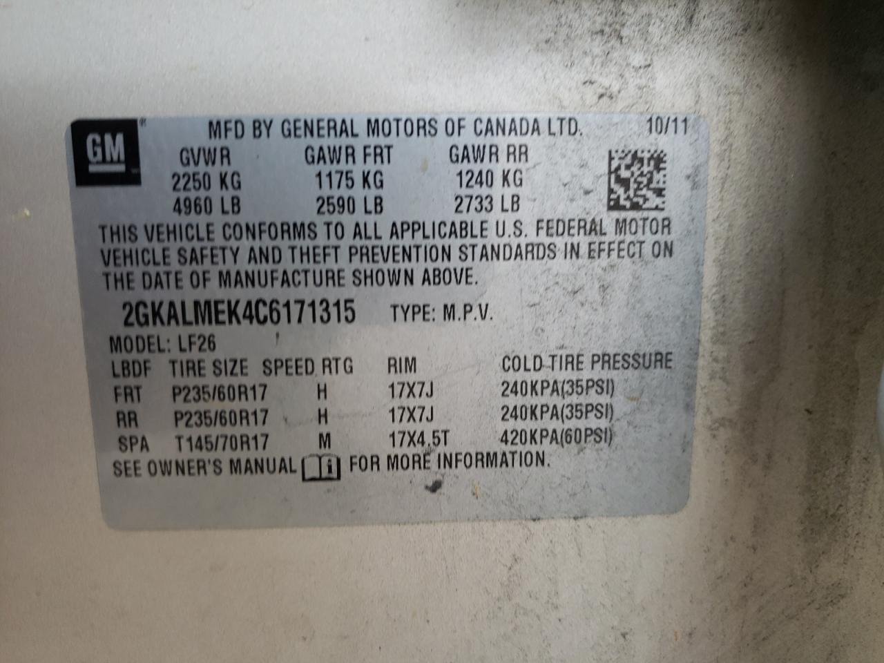 Photo 10 from auction – 2012 GMC TERRAIN SL with VIN 2GKALMEK4C6171315